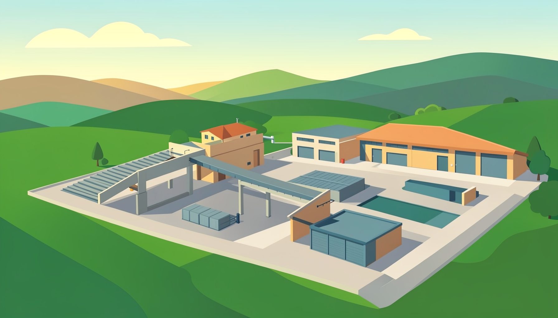 Illustration vectorielle d'un site industriel moderne intégré dans un paysage provençal, avec des convoyeurs et des zones de stockage ordonnées, sous une lumière chaude.