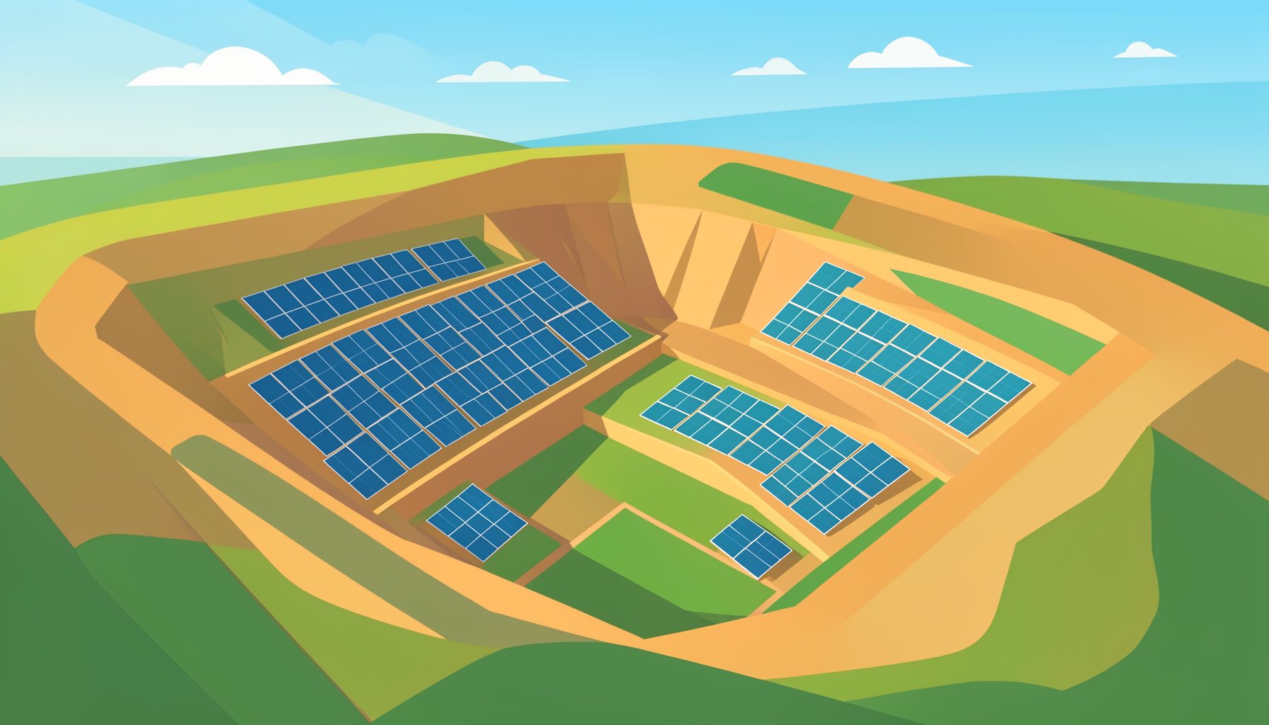 Vue aérienne d'une carrière réaménagée avec des panneaux solaires scintillants sous un ciel provençal, mêlant tons ocre, vert et bleu dans une lumière douce de fin de journée.
