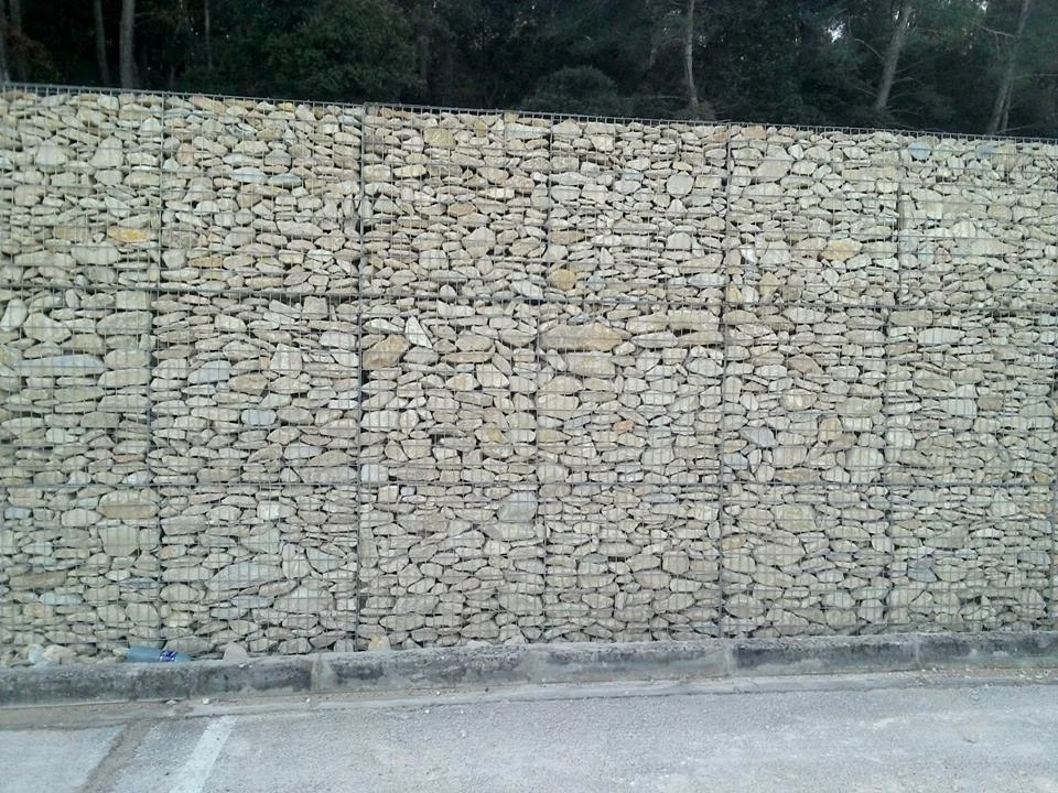 Gros plan d'un mur en gabion constitué de pierres empilées dans des cages en treillis métallique, tons gris et beige, avec des arbres en arrière-plan, ambiance utilitaire et sobre.